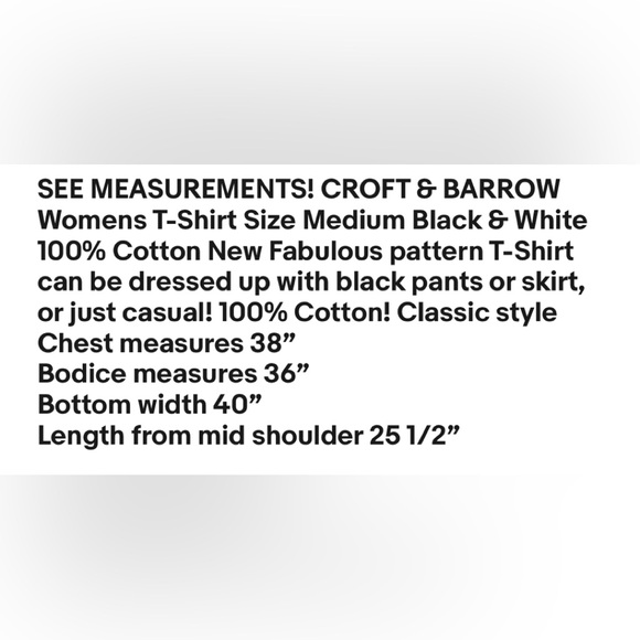 CROFT & BARROW Womens T-Shirt Size Medium Black & White 100% Cotton New - Picture 4 of 4